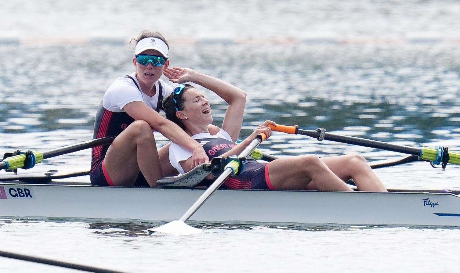 Great Britain's Emily Craig and Imogen Grant celebrate winning gold in the Lightweight Women's Double Sculls Finals at the Vaires-sur-Marne Nautical Stadium Picture: John Walton/PA Wire