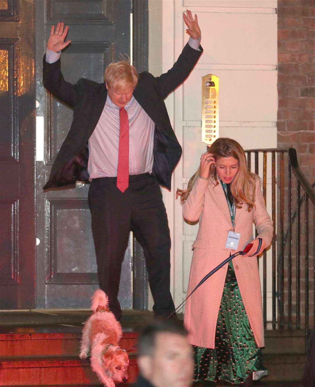 Dilyn joins the celebrations after the Tories romped to victory (Andrew Matthews/PA)