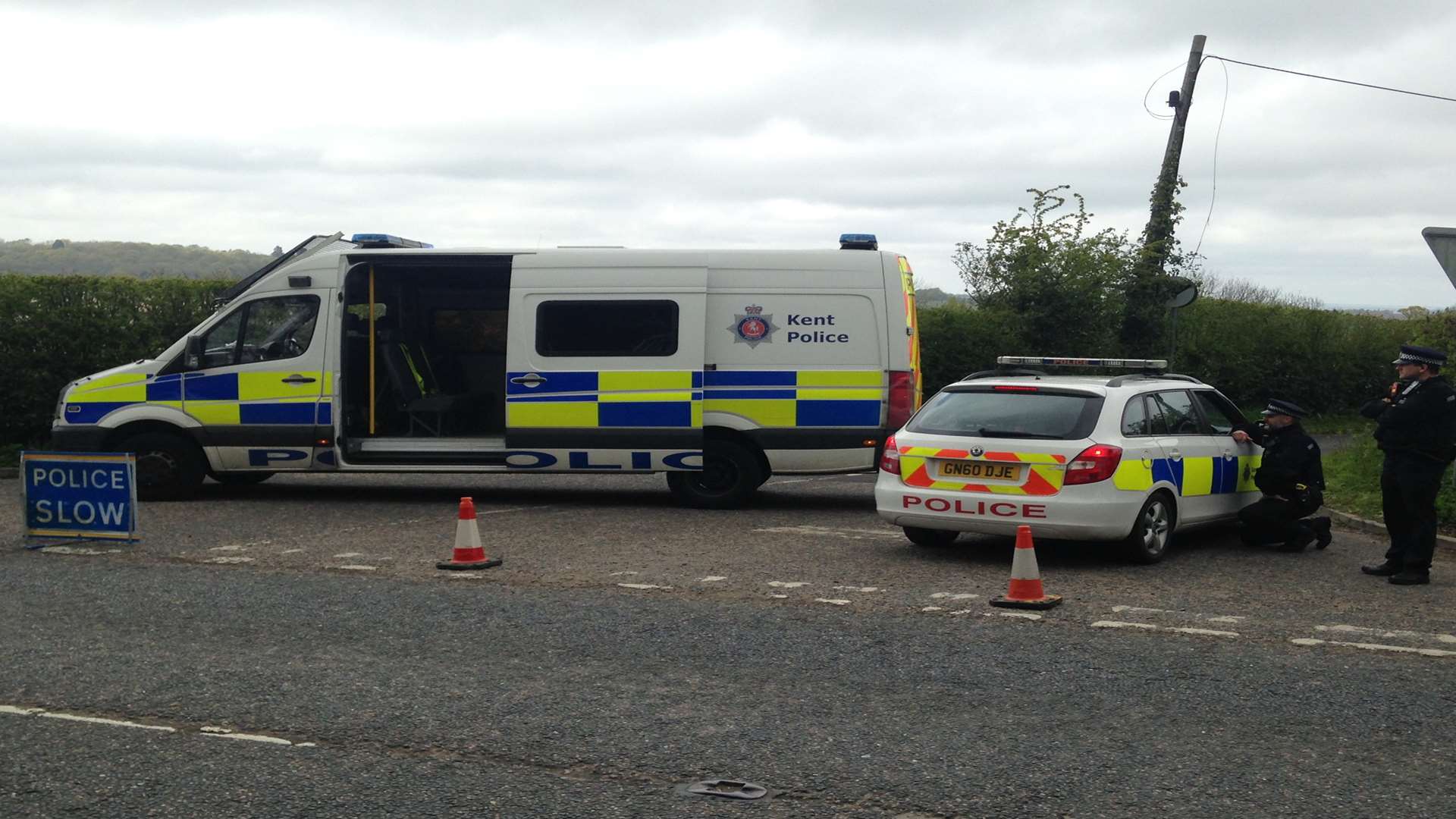 Police vehicles block off Smiths Lane, Goudhurst