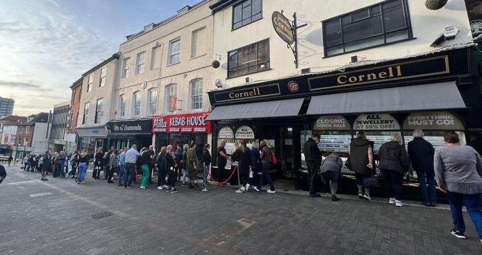 Customers are queuing down the road outside Cornell & Sons jewellers in Gabriel's Hill, Maidstone