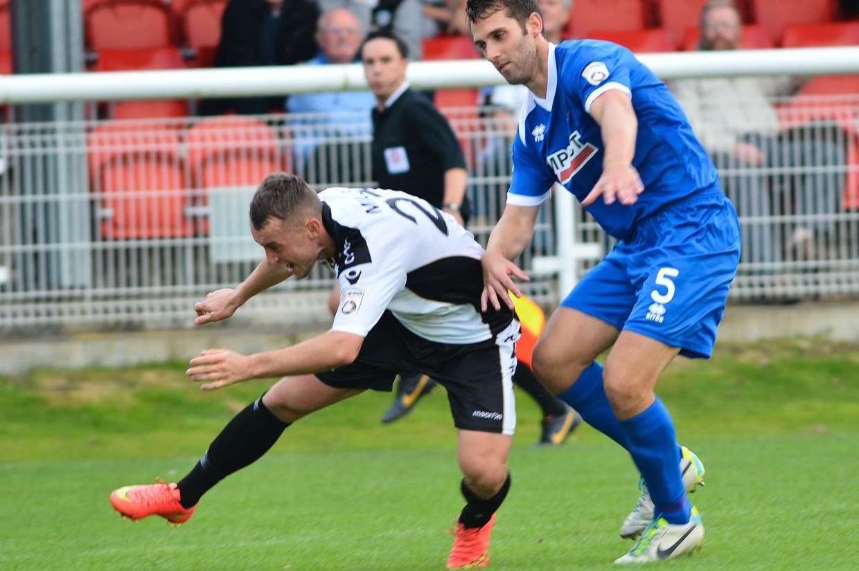 Dover's Luton Town loanee Ricky Miller (left) was on target again in the 3-2 loss at Nuneaton Town on Tuesday night. Picture: Alan Langley