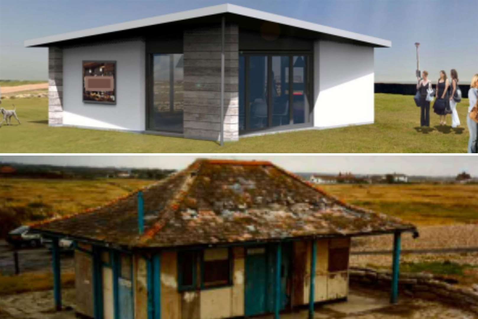 Above, the proposed cafe and below, the now-gone kiosk near Sandown Castle Community Gardens. Picture: The One Architecture