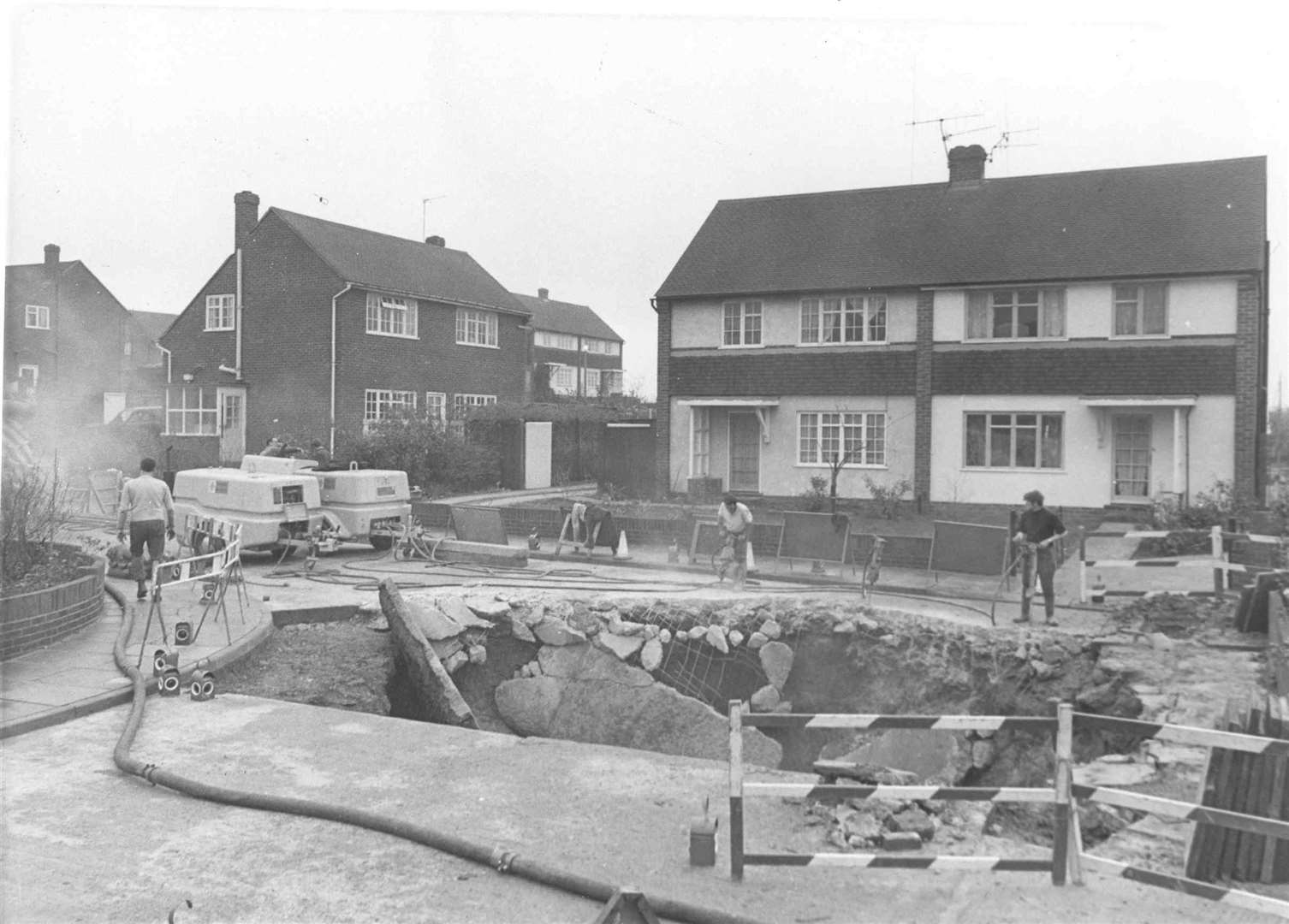 A large hole in the road opened up in Squire Close, Strood in August 1970