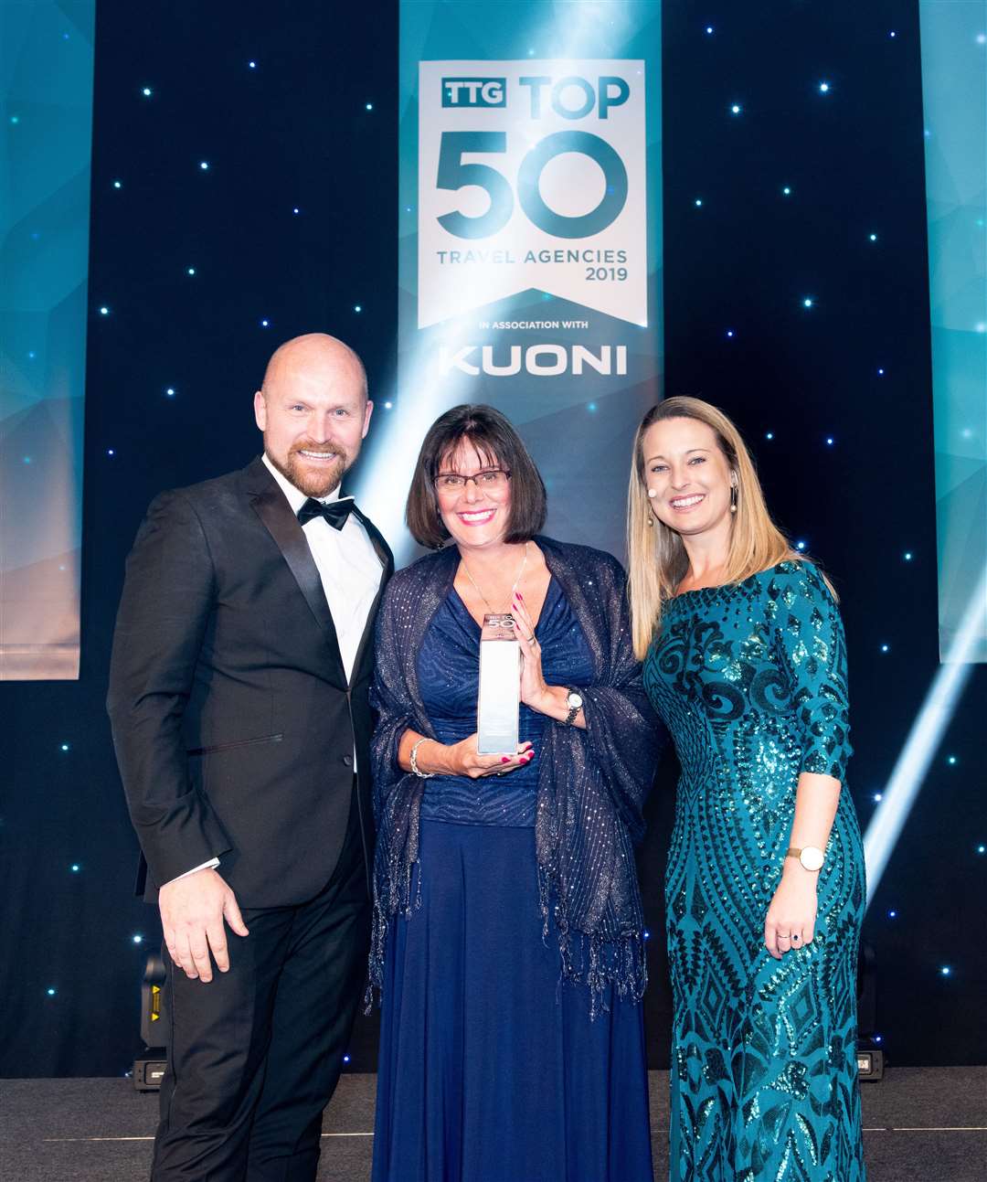 Colin Currie, one of the judges, with Kim Lacey, manager at Baldwins Travel Tunbridge Wells, and Sophie Griffiths, editor of the Travel Trade Gazette.