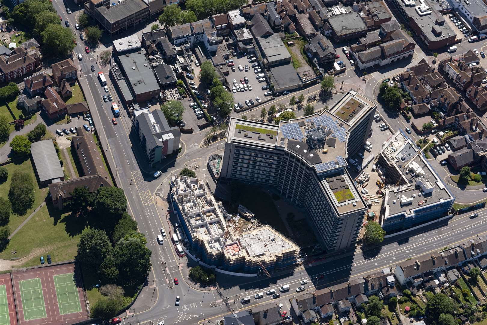 Contractors are building 110 two-bedroom flats next to the former Charter House, with one block on the junction of Wellesley Road and Somerset Road and the other on the corner at Edinburgh Road. Picture: Ady Kerry/Ashford Borough Council