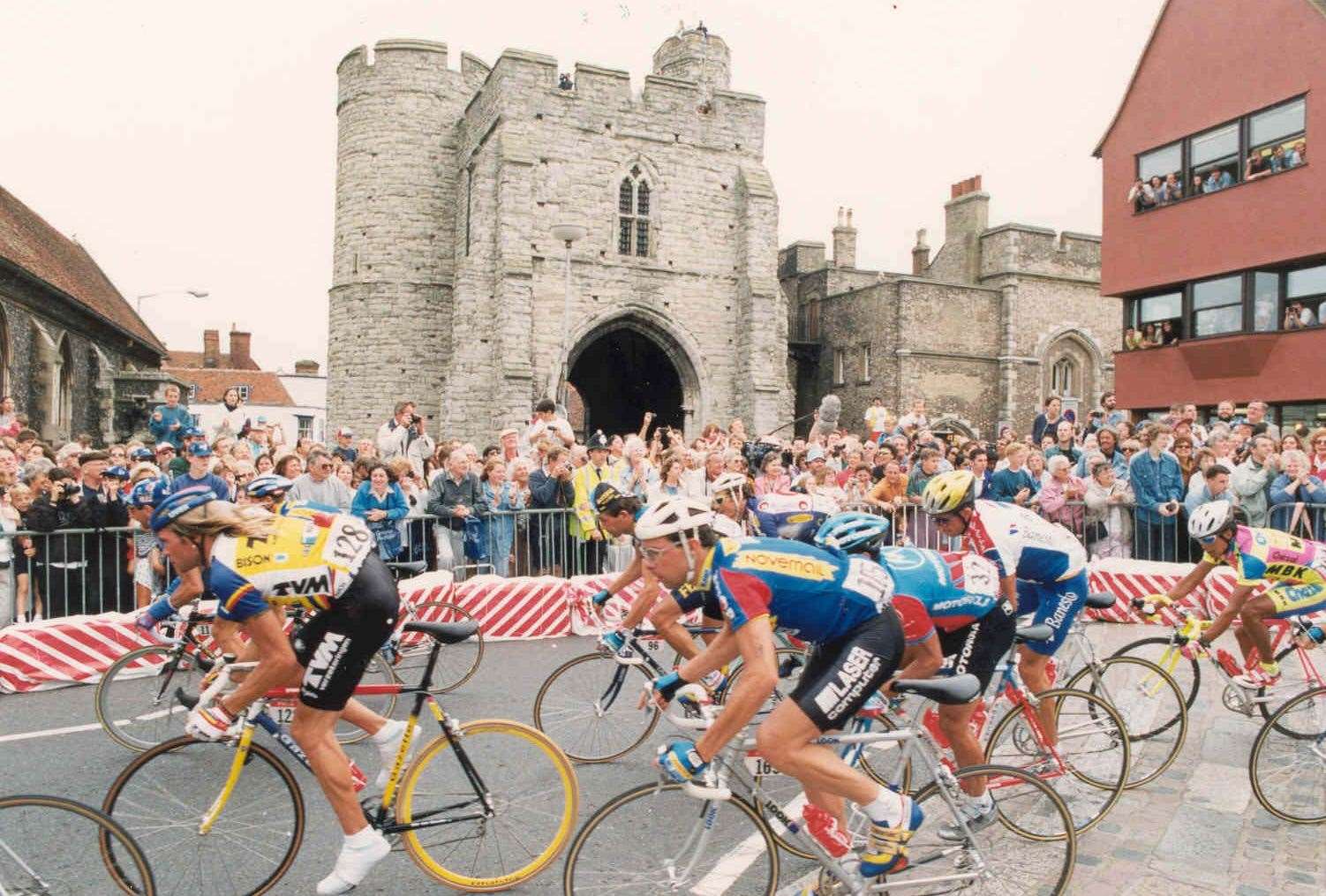 Riders sprinting past the Westgate Towers in Canterbury during Le Tour de France in 1994