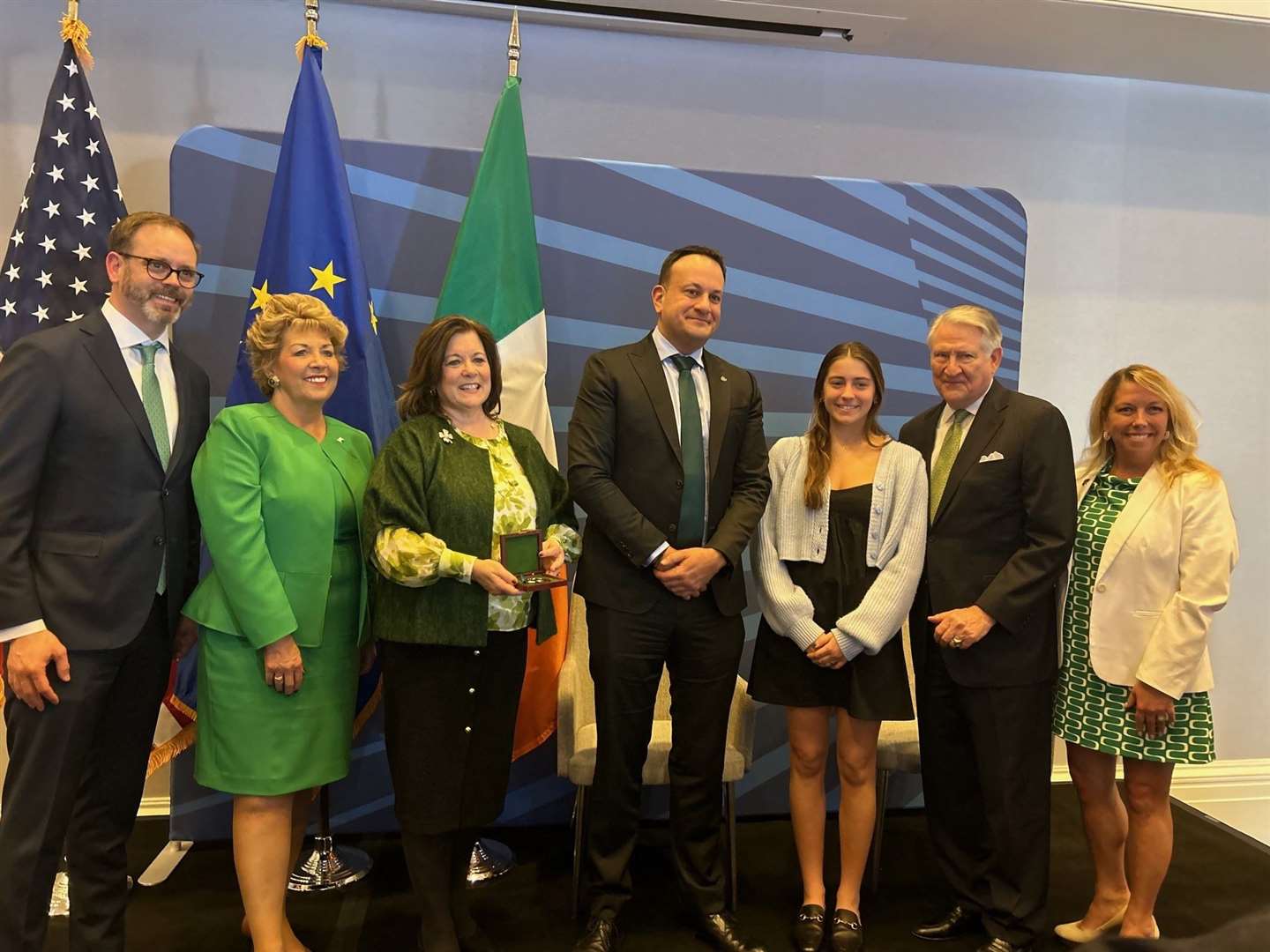 Irish ambassador to the US Geraldine Byrne Nason, US Chamber of Commerce president Suzanne Clark, Taoiseach Leo Varadkar and Patricia Clark at an event marking US-Irish relations (Cillian Sherlock/PA)