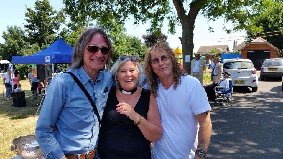 Sheppey celebrities Dave Lambert of The Strawbs, left, the Rev Cindy Kent of The Settlers and musician Mick Kenten meet up at Minster fete