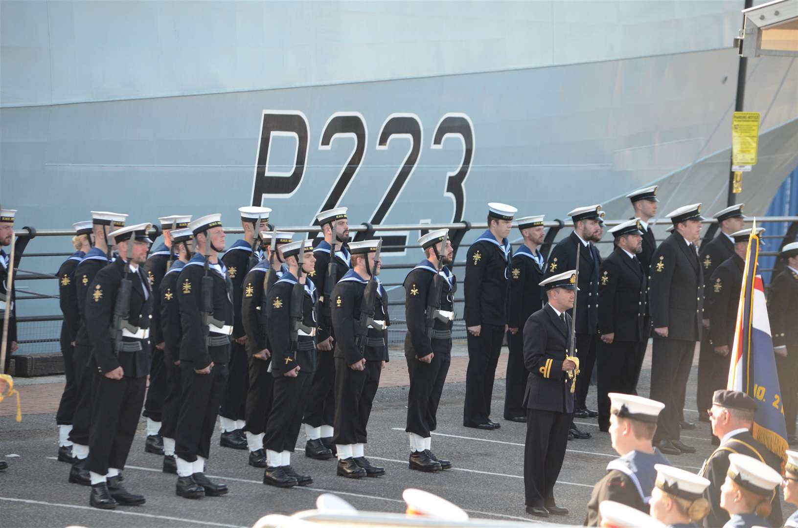 The ship's crew were addressed during the ceremony by the captain Cmdr Ben Power. Picture: Jason Arthur (16983006)