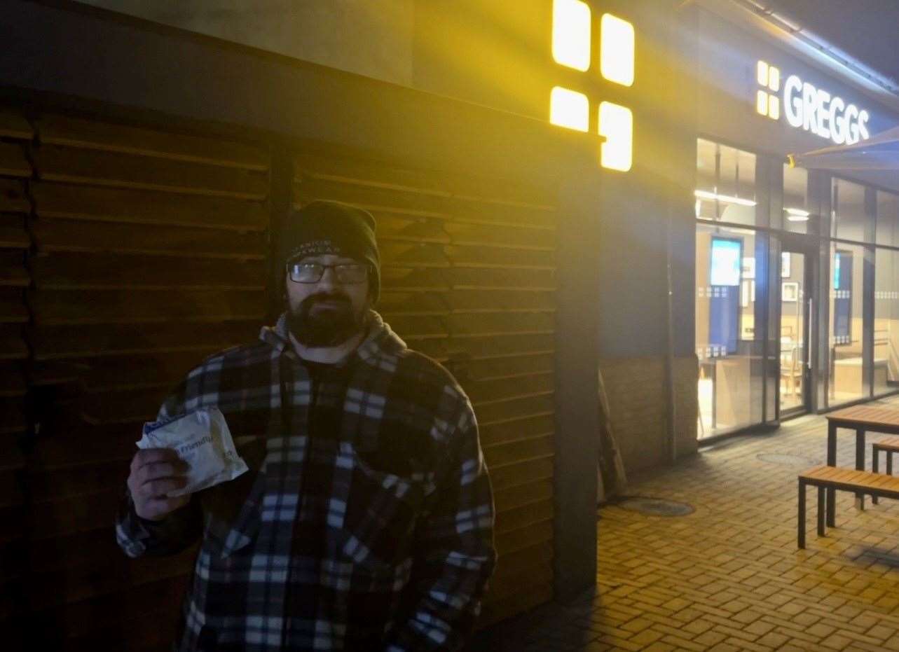 Chris, 39, was the first customer at the new Greggs drive-thru. Picture: Megan Carr