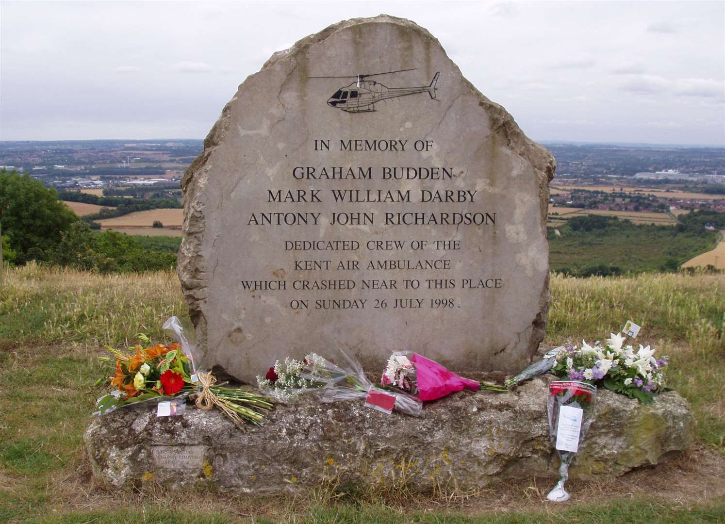 The memorial stone to the crew at Blue Bell Hill. Picture: Kent Air Ambulance Trust