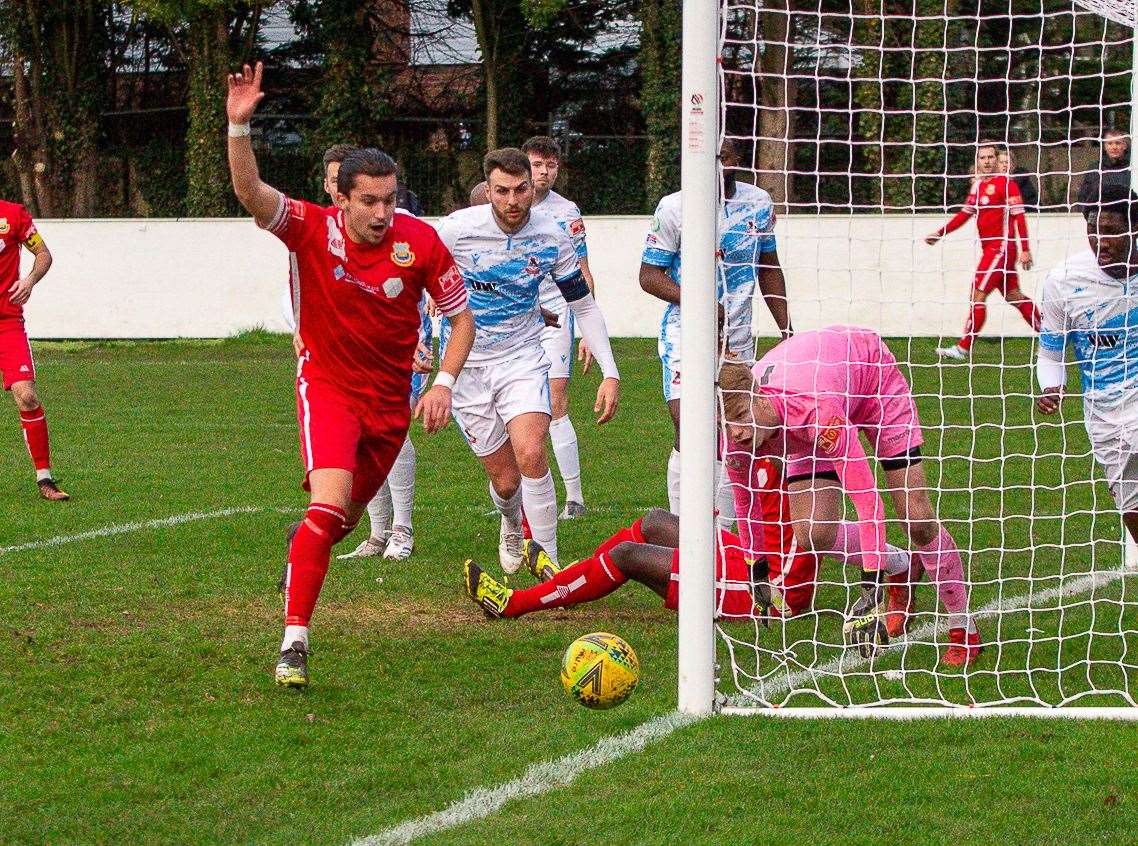 Will Thomas appeals as the ball goes wide during Whitstable's 4-1 home loss to Ramsgate on New Year's Day. Picture: Les Biggs