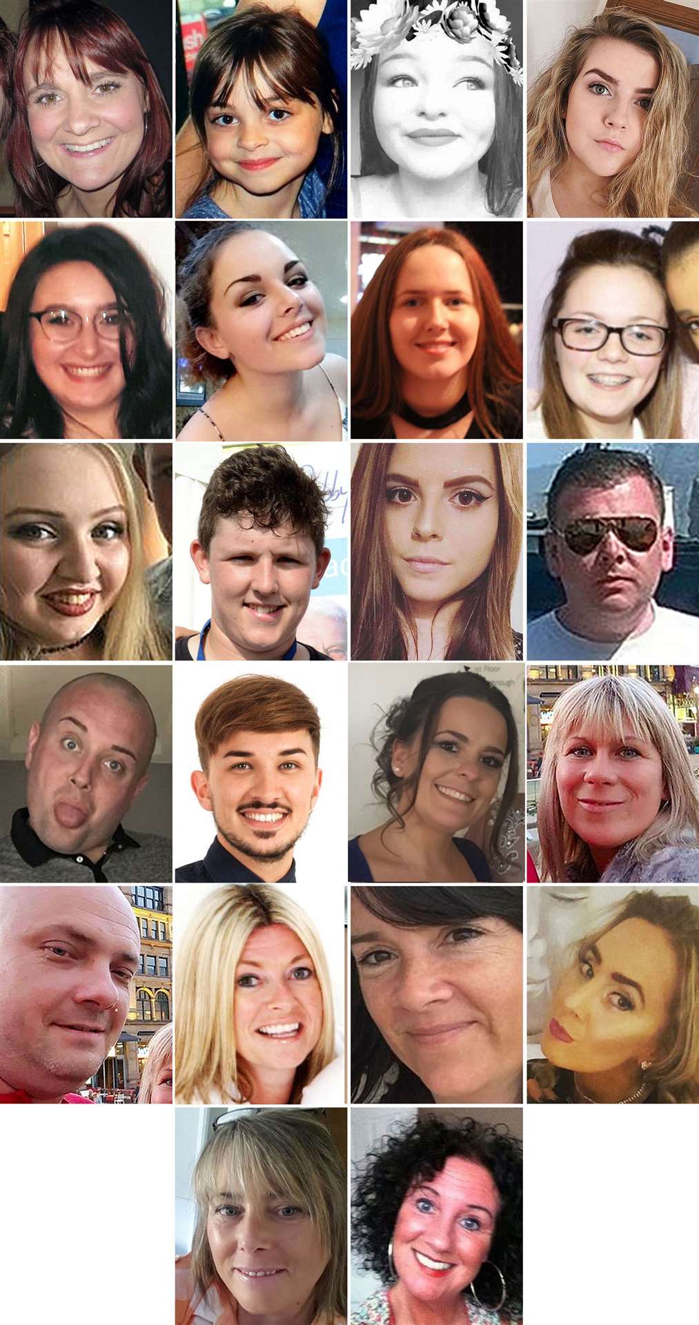 The 22 victims of the terror attack during the Ariana Grande concert at the Manchester Arena in May 2017. (Top row L to R) Off-duty police officer Elaine McIver, 43, Saffie Roussos, 8, Sorrell Leczkowski, 14, Eilidh MacLeod, 14, (2nd row L to R) Nell Jones, 14, Olivia Campbell-Hardy, 15, Megan Hurley, 15, Georgina Callander, 18, (3rd row L to $), Chloe Rutherford, 17, Liam Curry, 19, Courtney Boyle, 19, and Philip Tron, 32, (4th rowL to R) John Atkinson, 26, Martyn Hett, 29, Kelly Brewster, 32, Angelika Klis, 39, (5th row L to R) Marcin Klis, 42, Michelle Kiss, 45, Alison Howe, 45, and Lisa Lees, 43 (6th row L to R) Wendy Fawell, 50 and Jane Tweddle, 51 (Greater Manchester Police/PA)