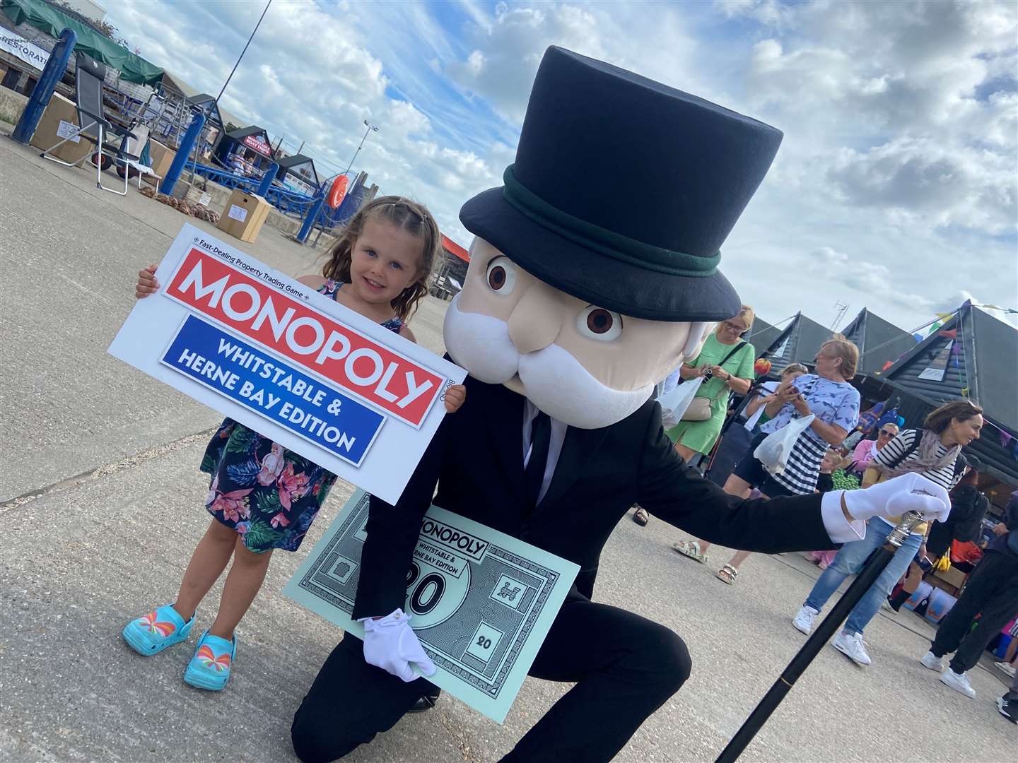 Olivia Thornton, aged four, who was with Mr Monopoly at the announcement that Whitstable and Herne Bay is ‘Passing GO’