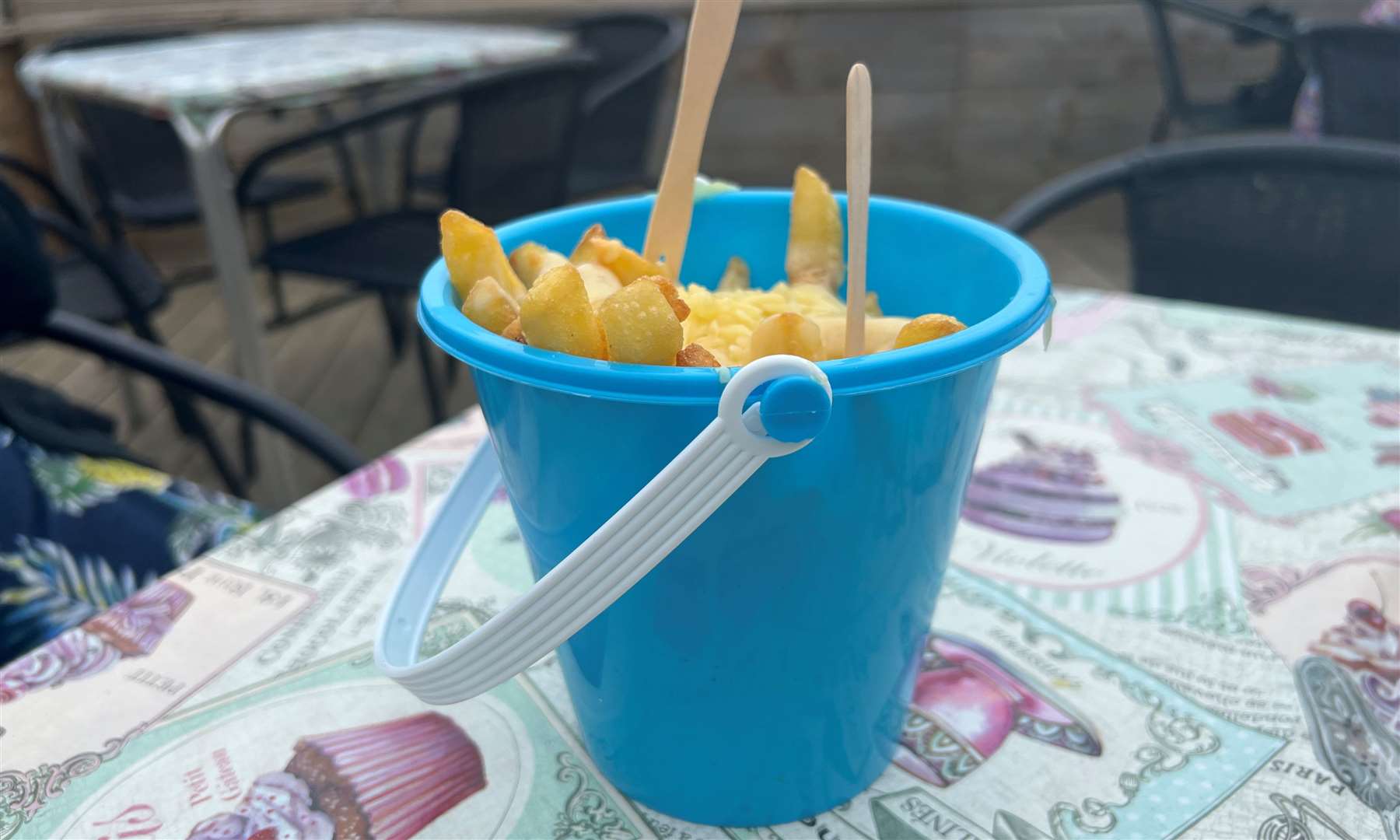Chips in a bucket from The Windshack in Minnis Bay