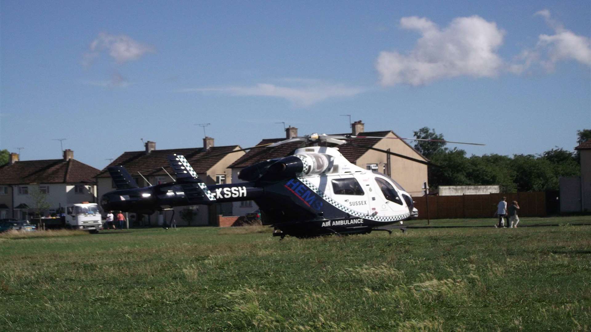 The air ambulance lands at the crash scene