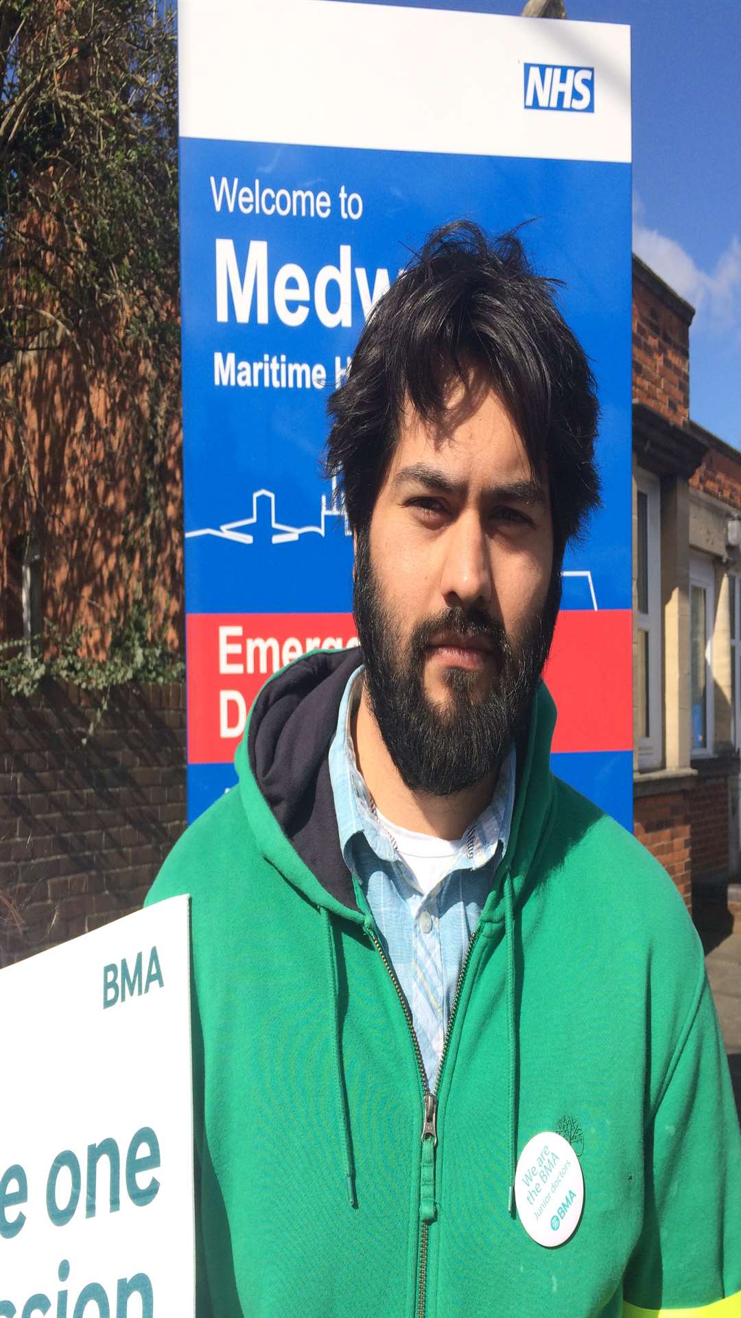 Omar Husain on the picket line outside Medway Maritime Hospital