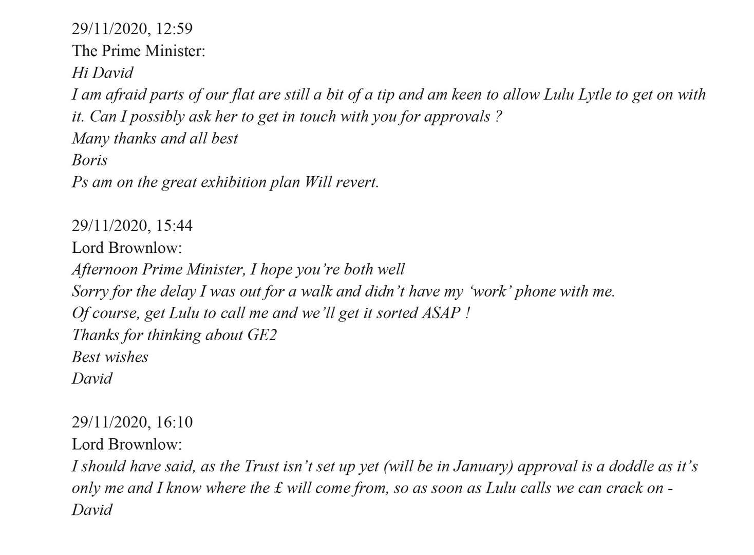 The WhatsApp messages between the Prime Minister and Lord Brownlow which have been published in a letter from the Prime Minister’s standards adviser, Lord Geidt, to Boris Johnson (Independent Adviser on Ministers’ Interests/PA)