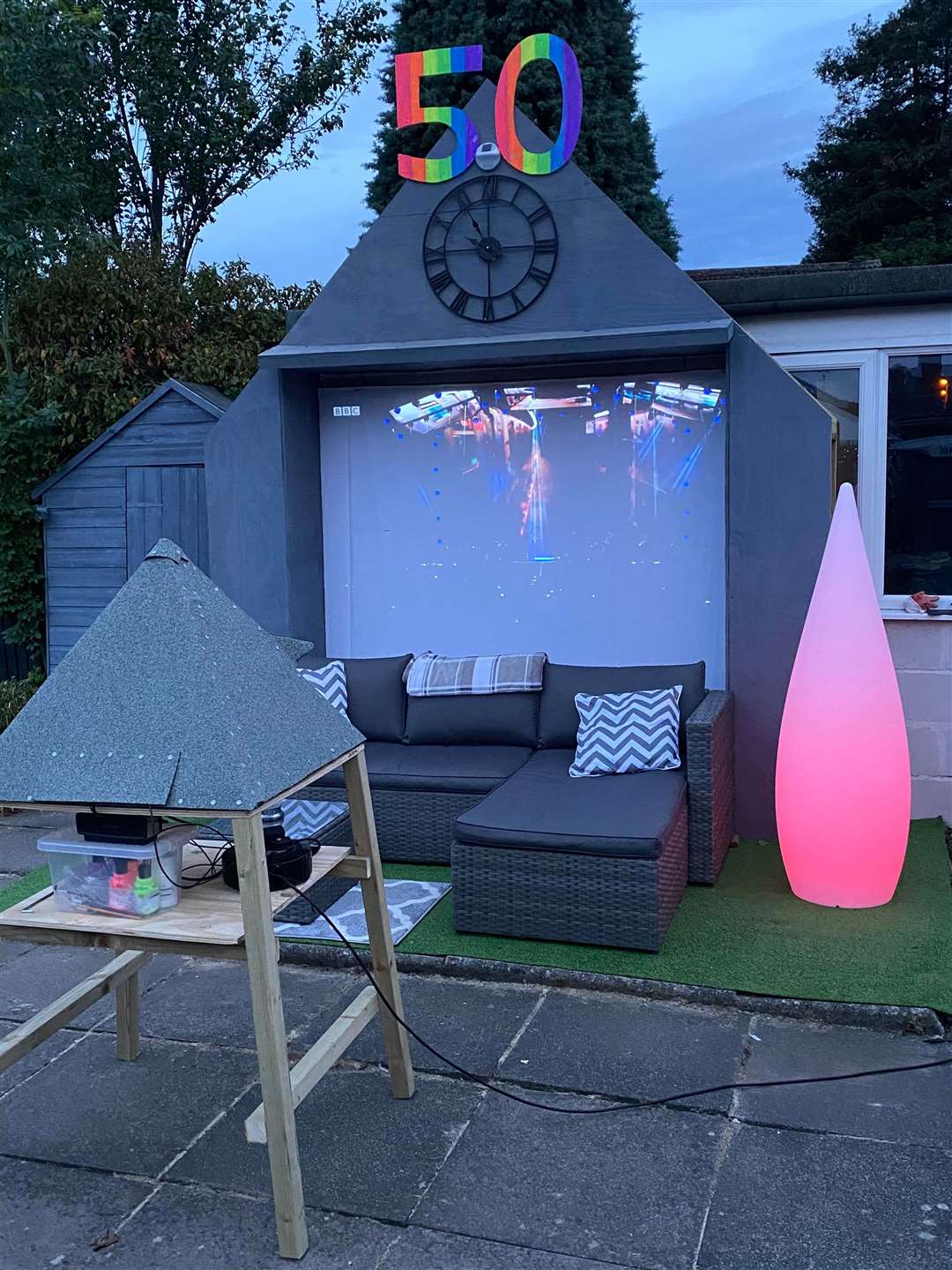 A projector, designed to look like the Pyramid Stage will stream highlights all weekend (Fiona Rees)