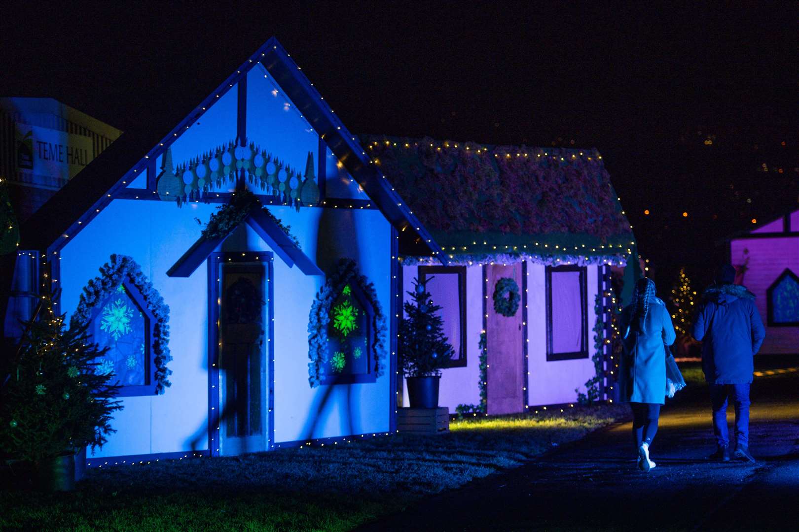 Buildings along the trail – across 90 acres of the Three Counties Showground – are also decorated with lights (Jacob King/PA)