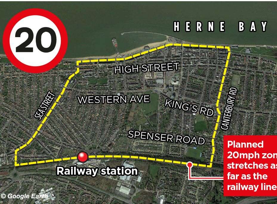 A graphic showing where the 20mph zone would apply across the centre of Herne Bay