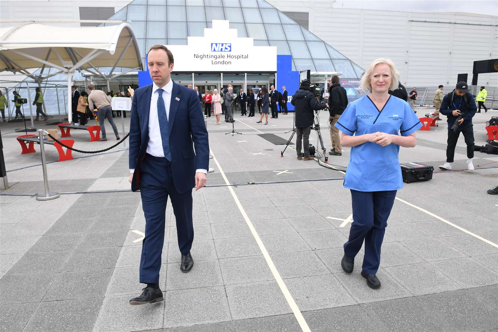 Health Secretary Matt Hancock and Ruth May, chief nursing officer for England, at the opening of the NHS Nightingale Hospital at the ExCel centre in London (Stefan Rousseau/PA)