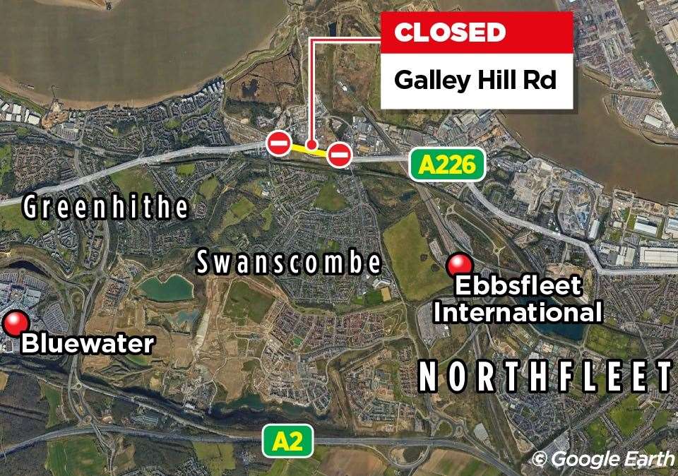 Graphic showing the closed section of A226 Galley Hill Road between Swanscombe and Northfleet