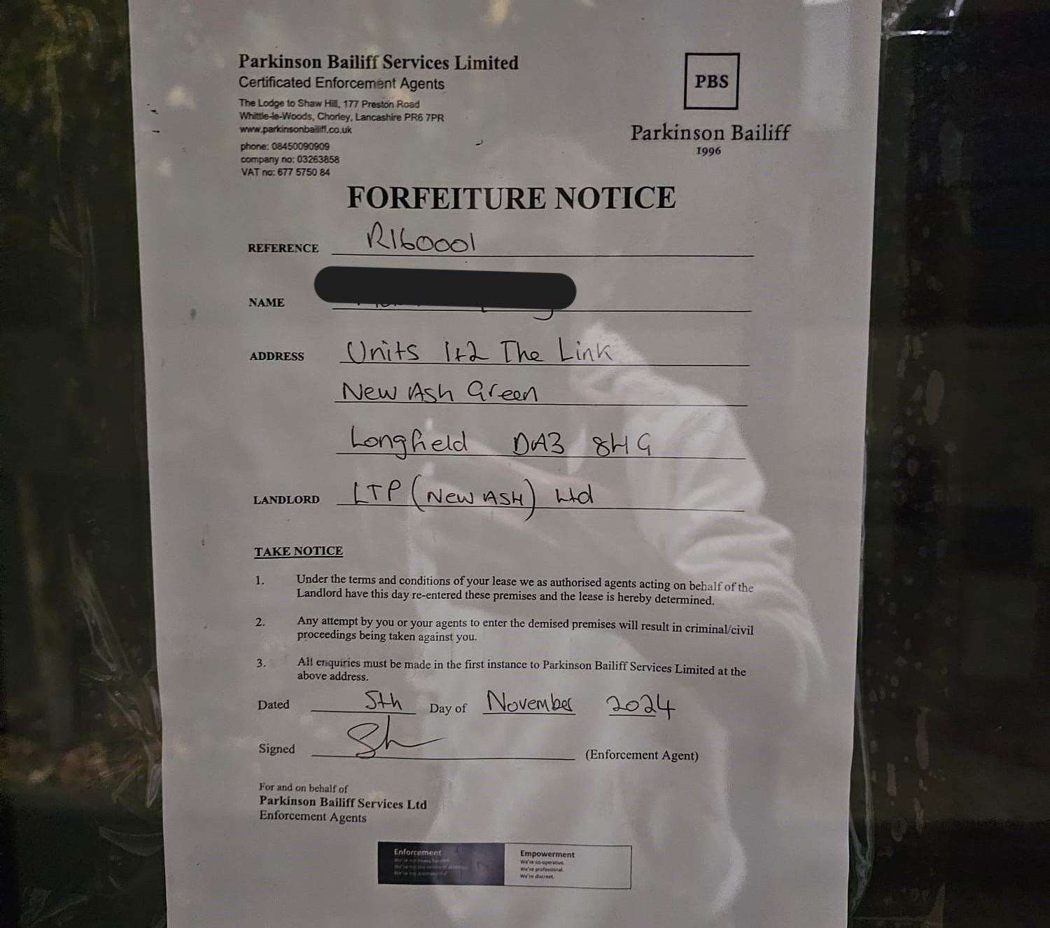 A forfeiture notice was placed on the shop window