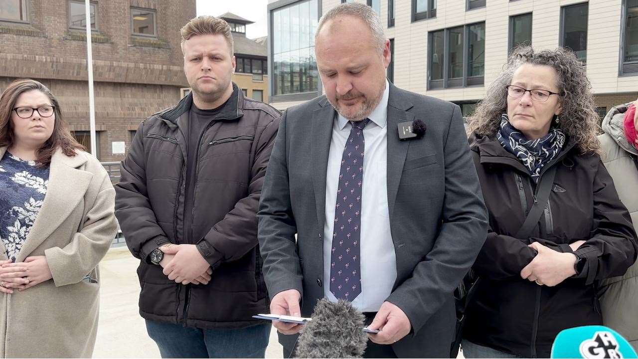 Stephen and Carol Baxter’s children, Ellie (left) and Harry Baxter, look on as Detective Superintendent Rob Kirby speaks outside Chelmsford Crown Court (Sam Russell/ PA)