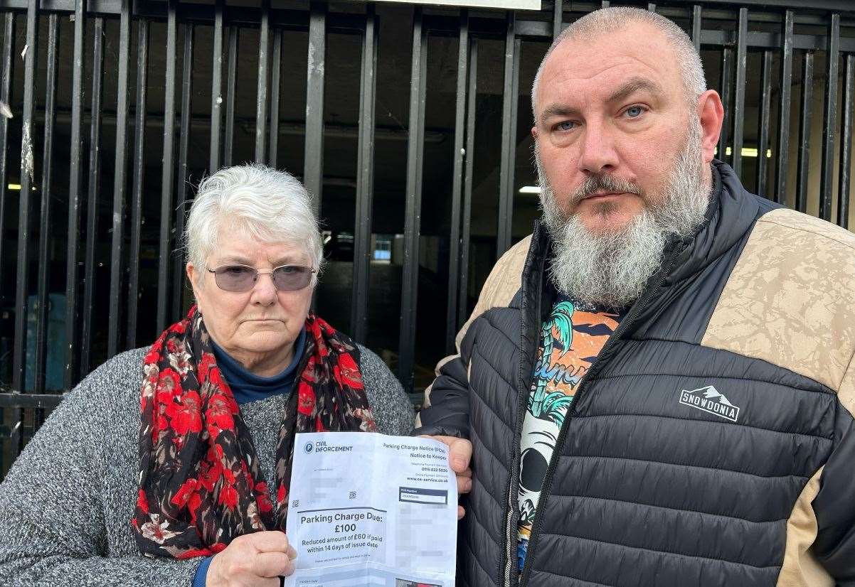 Rita Armstrong, who experienced a vertigo episode at the Charlton Shopping Centre in Dover, and her son Darren Hayhurst are calling for the £100 parking fine to be cancelled