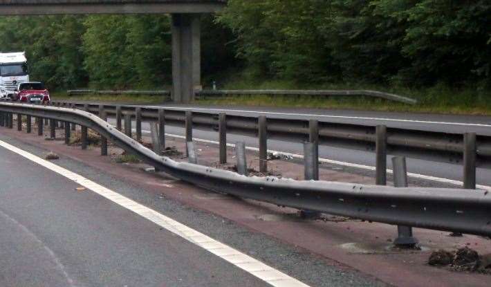 Damage to the central reservation of the M2 following a crash near Faversham. Picture: UKNiP