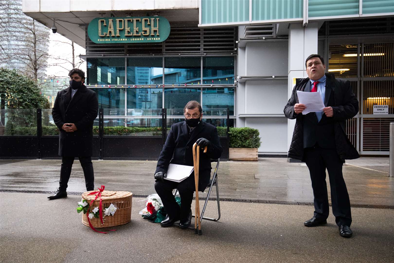 Aazim Ihsan, Ihsan Bashir, whose brother was killed, and Docklands Victims Association Jonathan Ganesh during the 25th anniversary memorial service (Aaron Chown/PA)