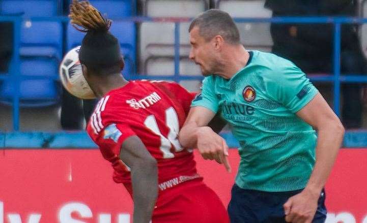 Ebbsfleet’s Haydn Hollis challenges with Welling’s Ade Azeez. Picture: Ed Miller