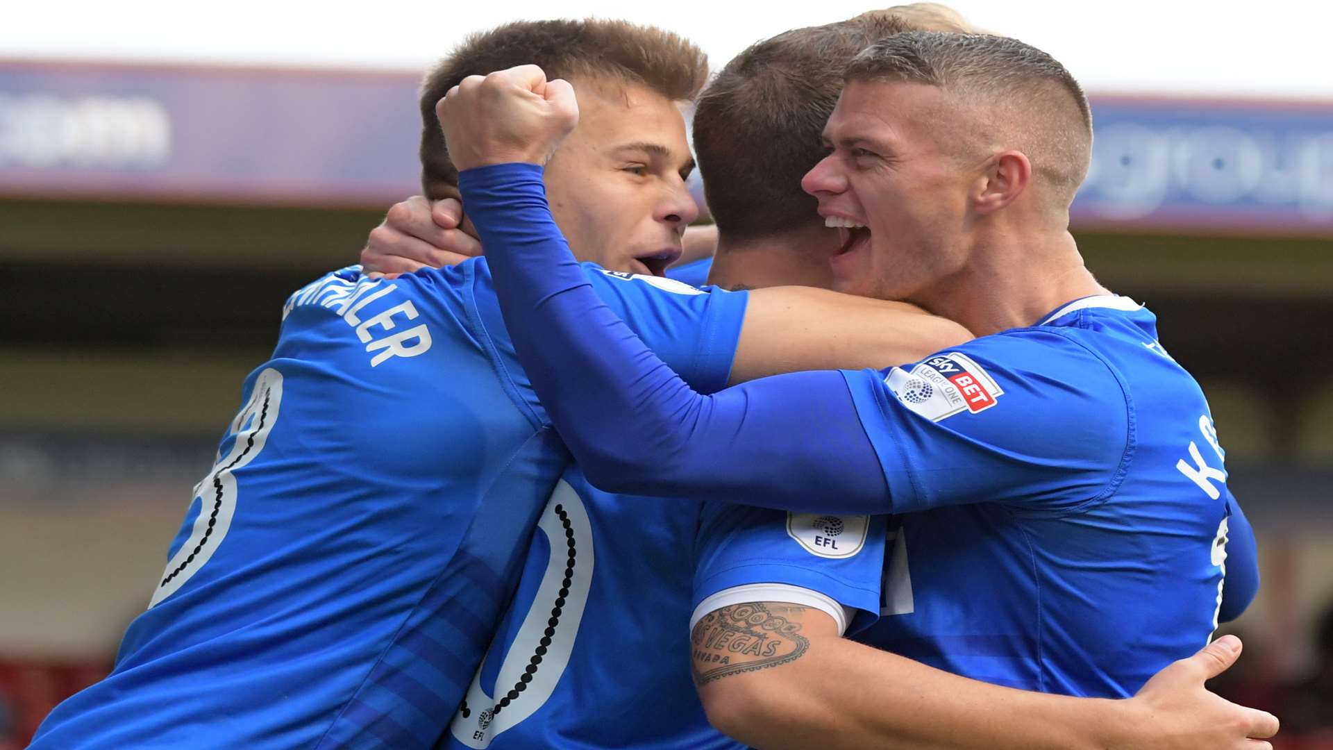 Cody McDonald congratulated after his second-minute goal opened the scoring Picture: Barry Goodwin