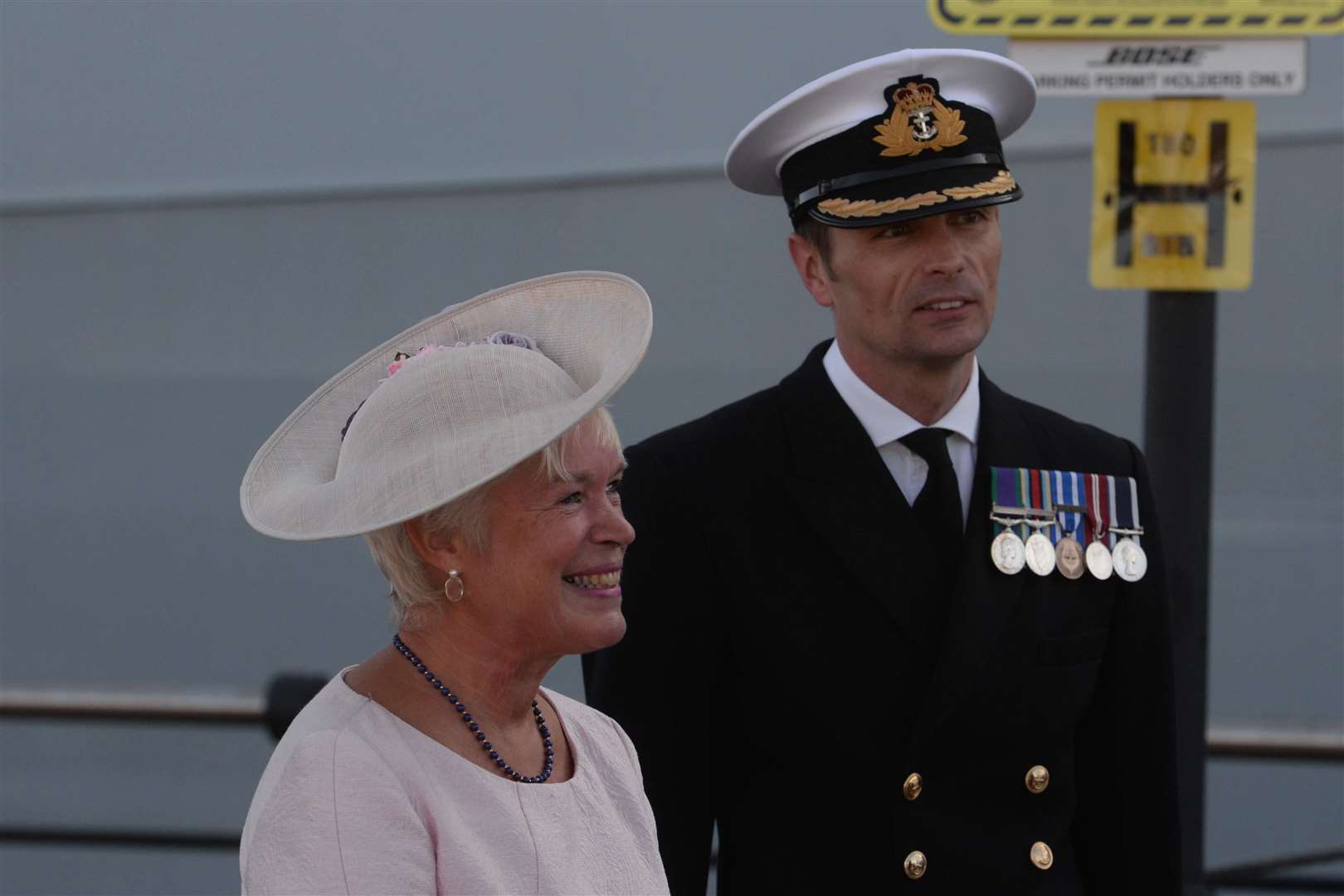 Lady Wendy Fallon and Cdr Ben Power during the HMS Medway commisioning ceremony at the Chatham Historic Dockyard on Thursday. Picture:Chris Davey. (16979182)