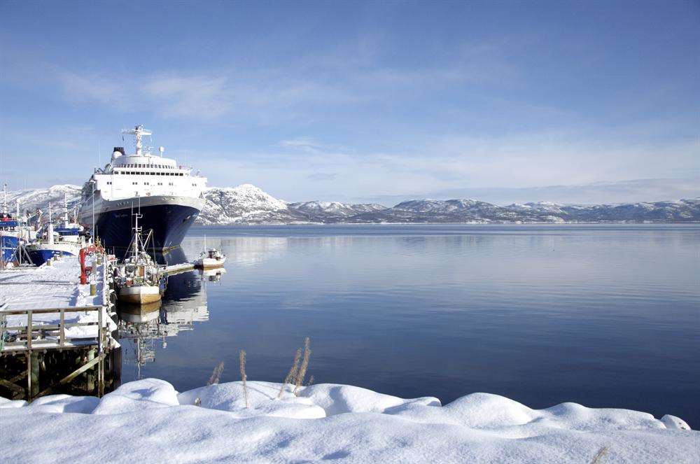 The Saga Sapphire moored up on the clear waters of Altafjord
