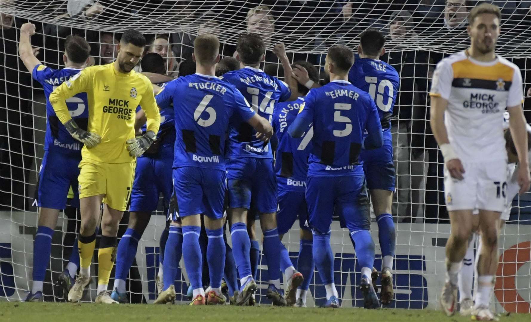 Gills players celebrate the matchwinning goal scored by Vadaine Oliver. Picture: Barry Goodwin