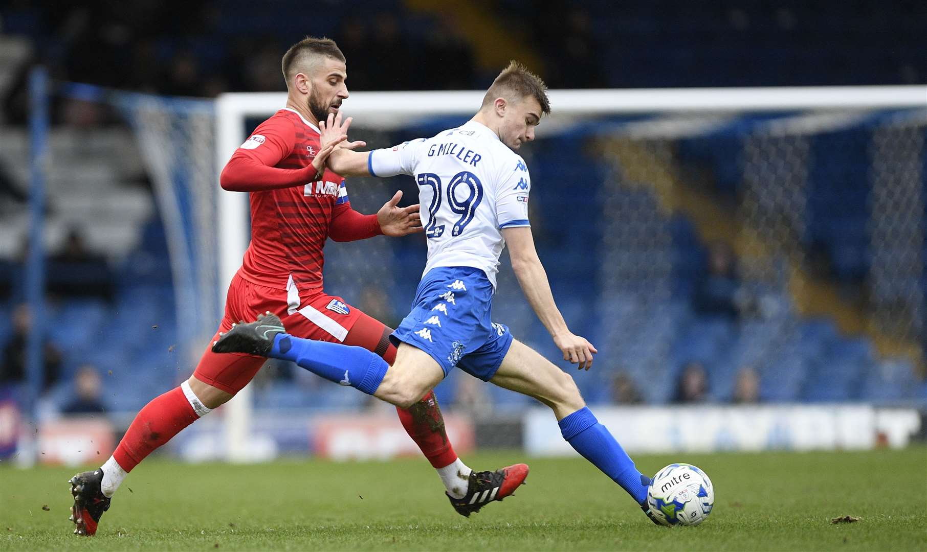 Max Ehmer challenges George Miller at Gigg Lane in their 2017 fixture Picture: Ady Kerry