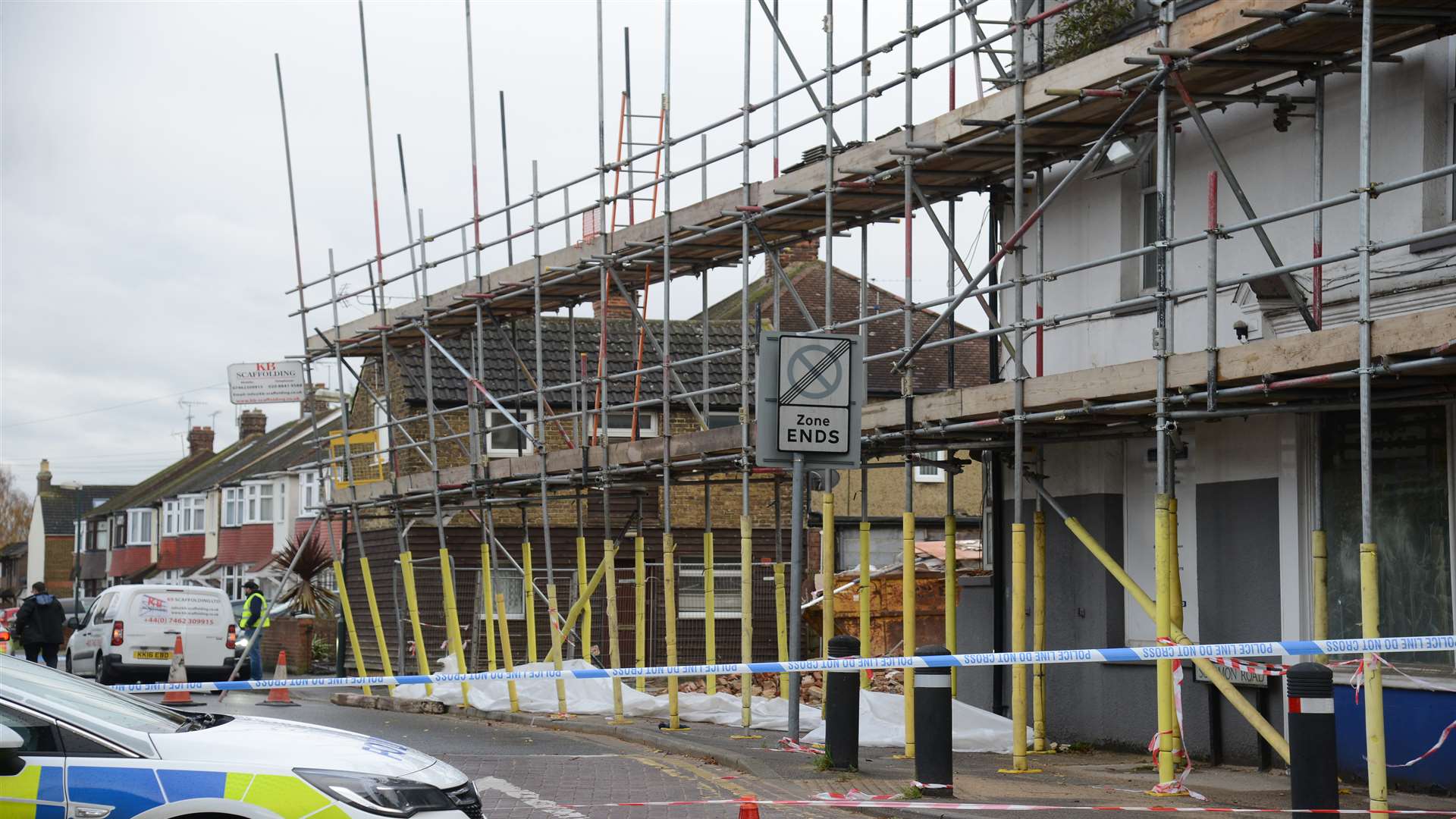 The road has been closed because some scaffolding has fallen in Station Road, Rainham.