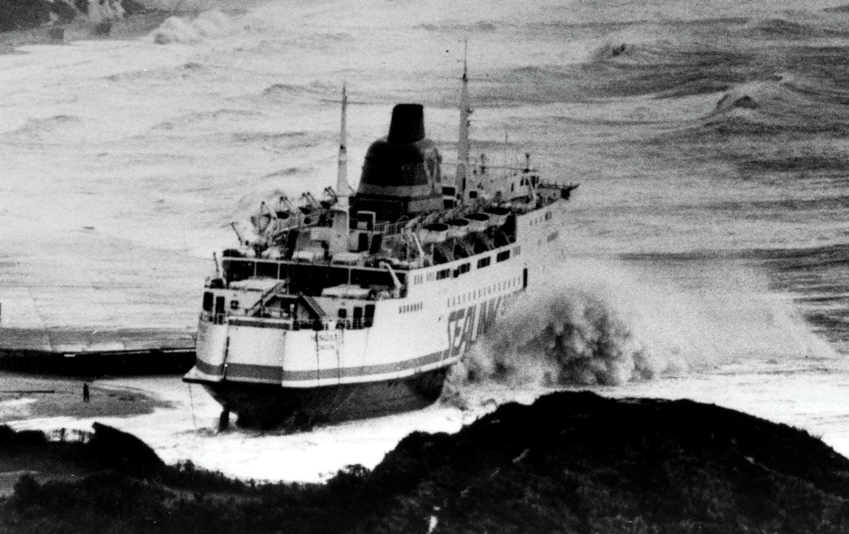 The Folkestone harbour-based ferry Hengist, beached just outside the town during the Great Storm of 1987. Picture: Paul Amos