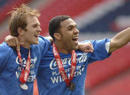 Andy Barcham (right) celebrates with Stuart Lewis