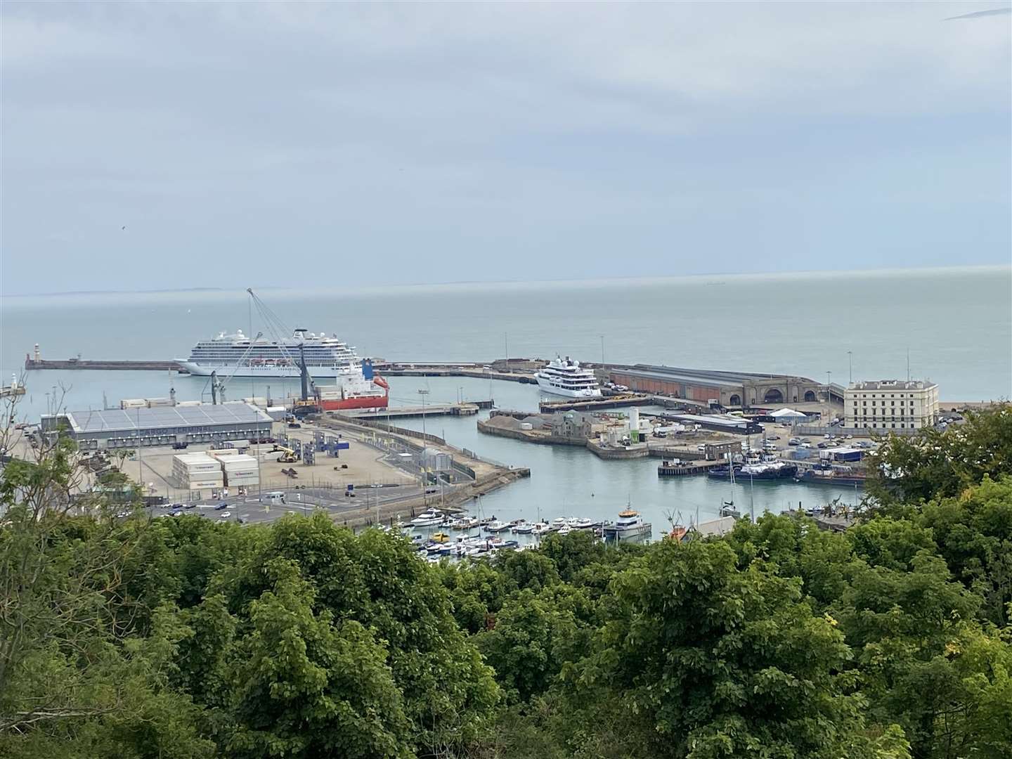 The huge yacht Katara in Dover harbour at the cruise terminal next to the Viking cruise liner on Sunday