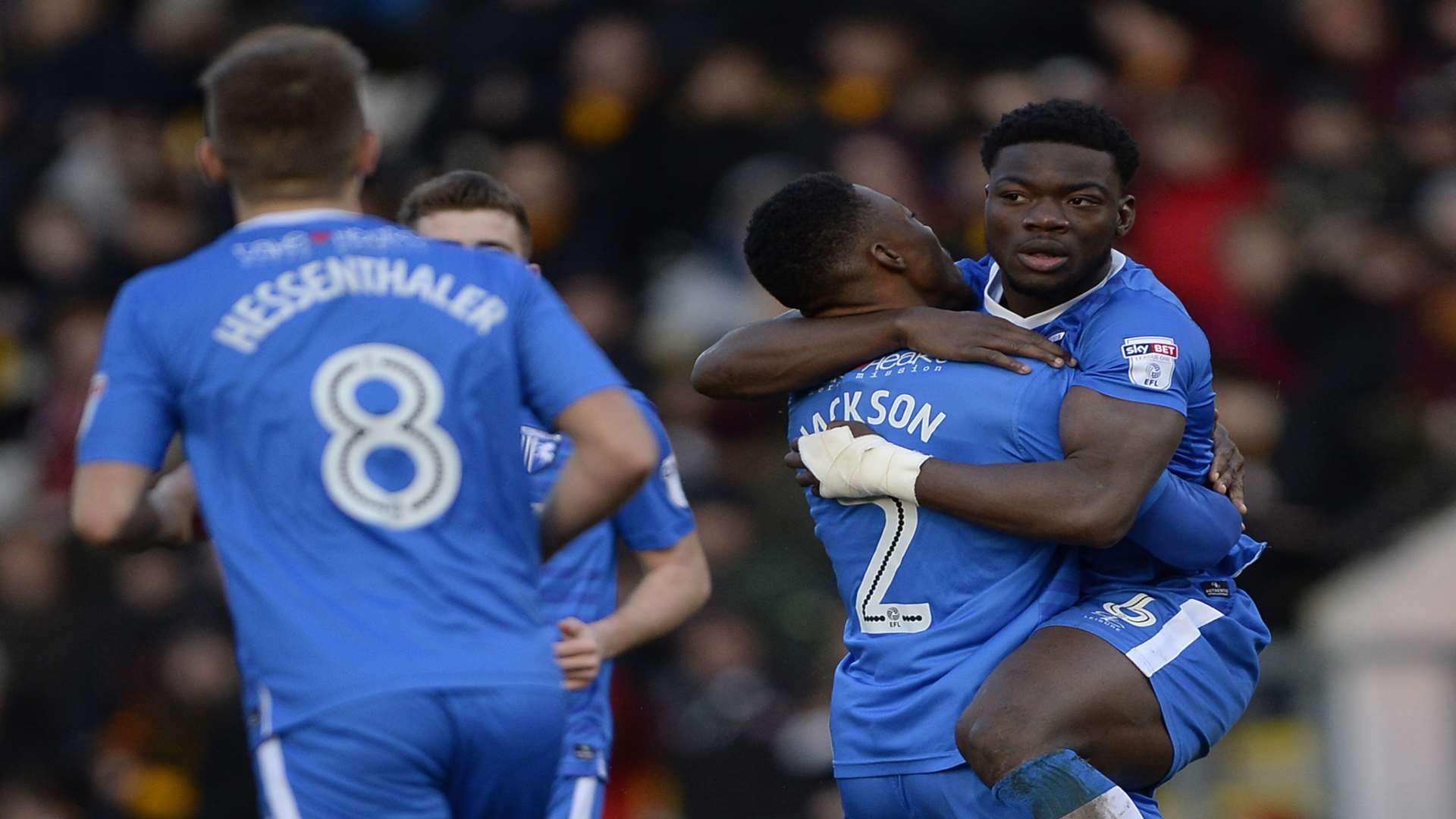 Deji Oshilaja and Jackson celebrate after Oshilahja's equaliser Picture: Ady Kerry