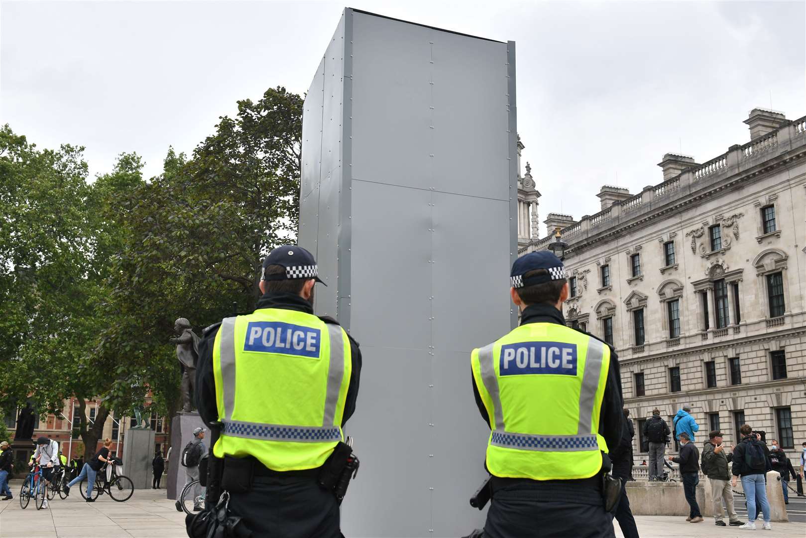 Sir Winston Churchill’s statue in Parliament Square has been protected to save it from being damaged (Dominic Lipinski/PA)