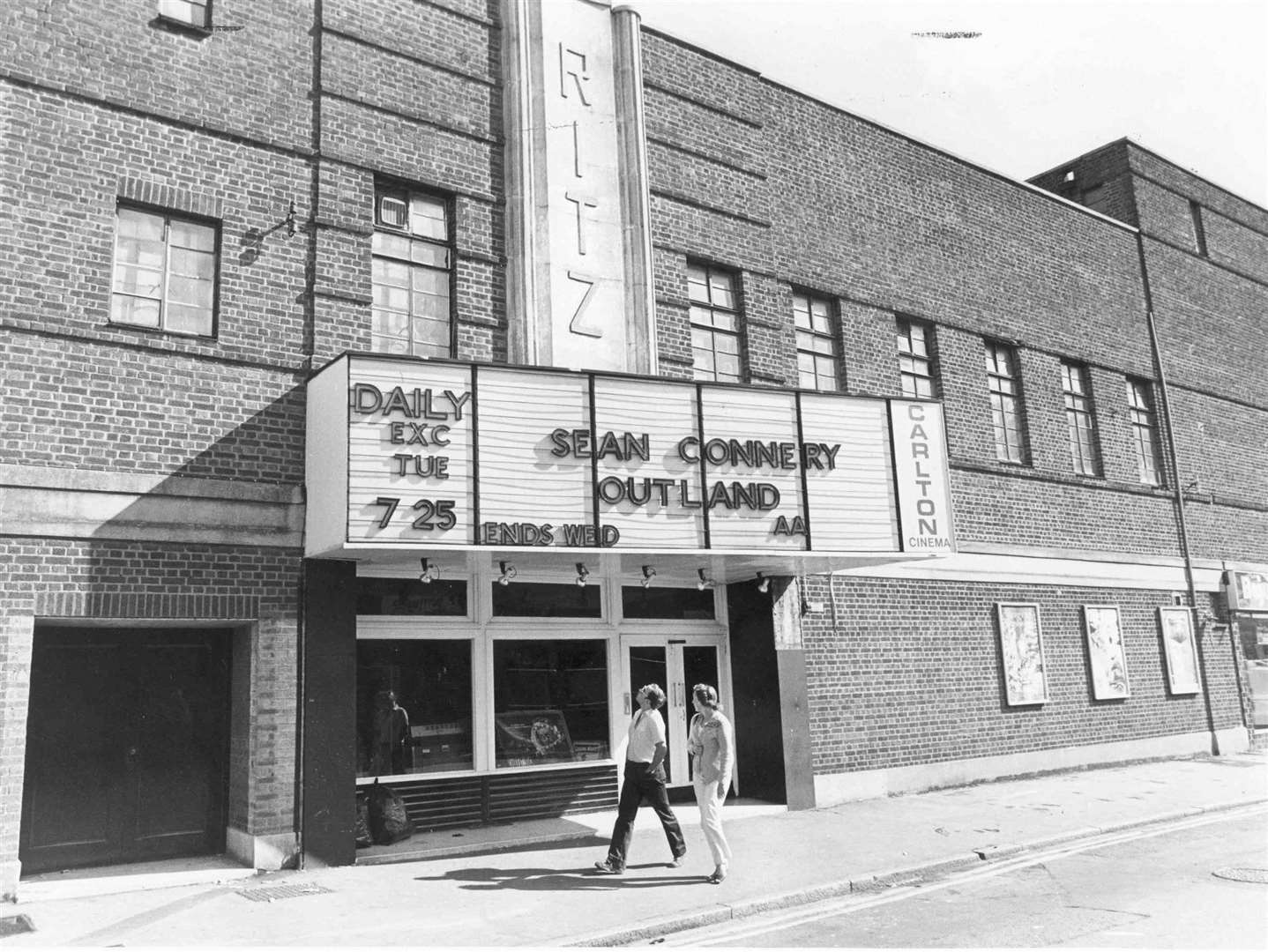 The Ritz cinema in Tonbridge, Kent, pictured in September, 1981. The tagline for sci-fi thriller Outland was "On Jupiter's moon, he's the only law..." It has a rating of 6.6 on IMDB.