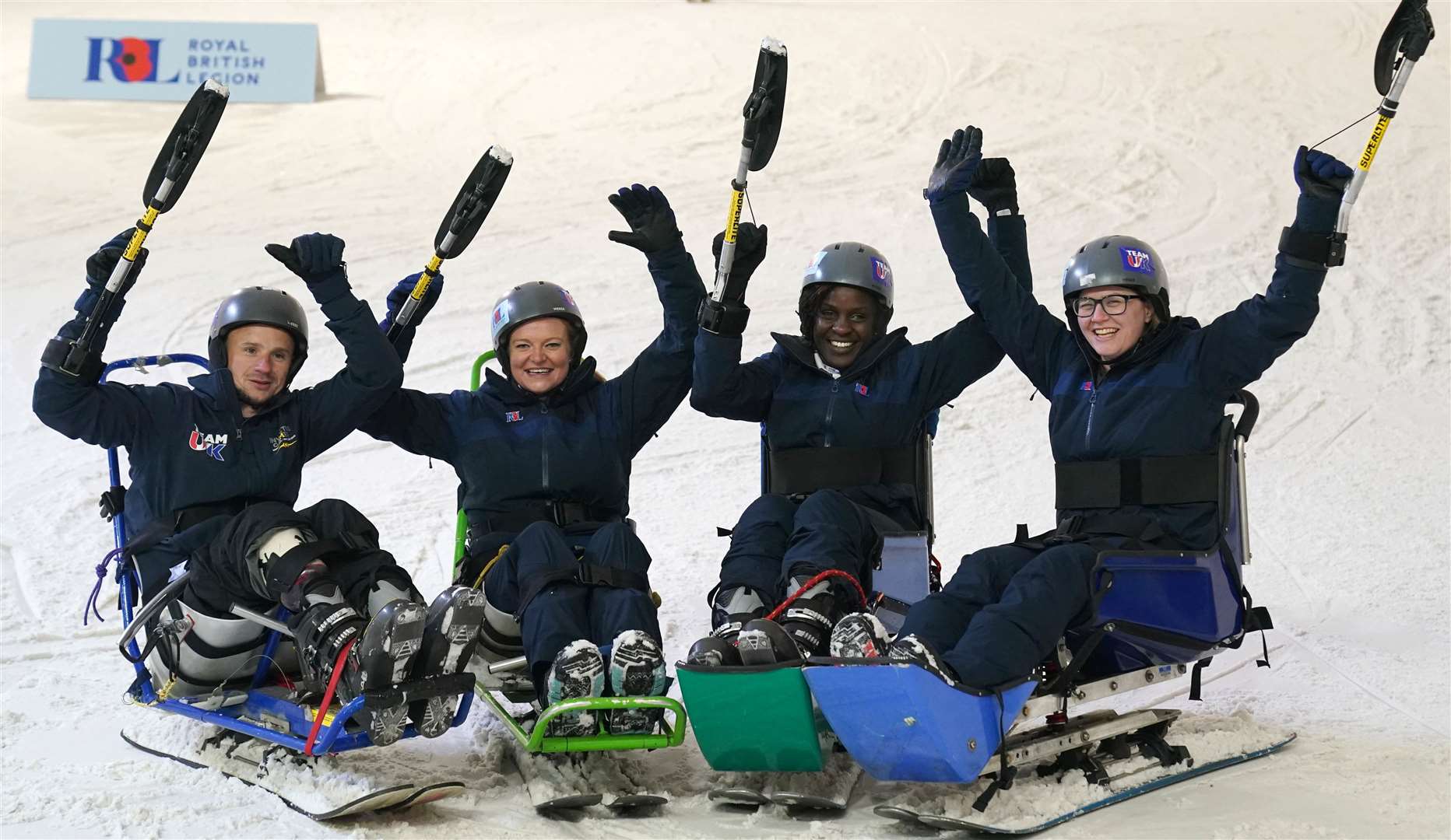 (left to right) James Cairns, Gemma Barns, Mina Endeley and Kayleigh Pierce during the launch of Team UK at Snozone in Milton Keynes. Jacob King/PA