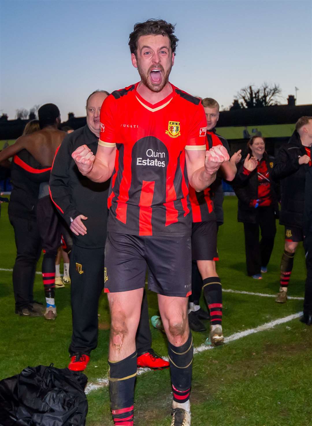 Sittingbourne defender Jack Steventon celebrates their FA Trophy fifth-round win at Southend. Picture: Ian Scammell