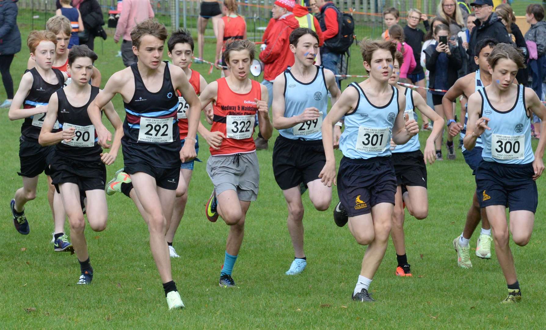 Under-15 trio No.292 Alexander Middleton (Blackheath and Bromley Harriers), No.301 Felix Tynan (Cambridge Harriers) and No.300 Samuel Scrase-Field (Cambridge Harriers). Picture: Chris Davey (52347950)