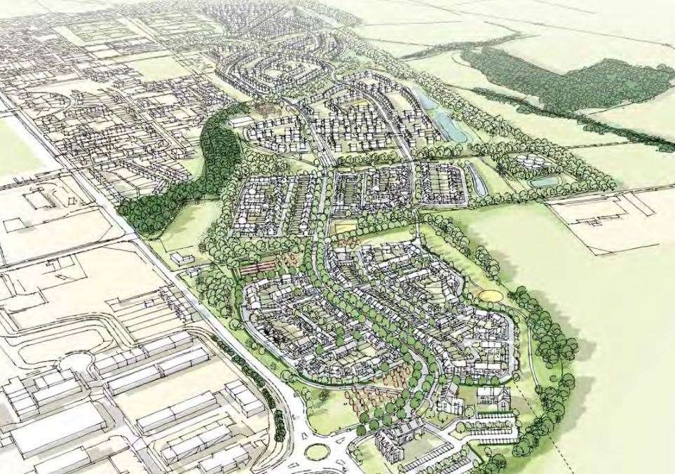 An aerial drawing of what the 800-home estate in Hersden will look like. Picture: Persimmon Homes