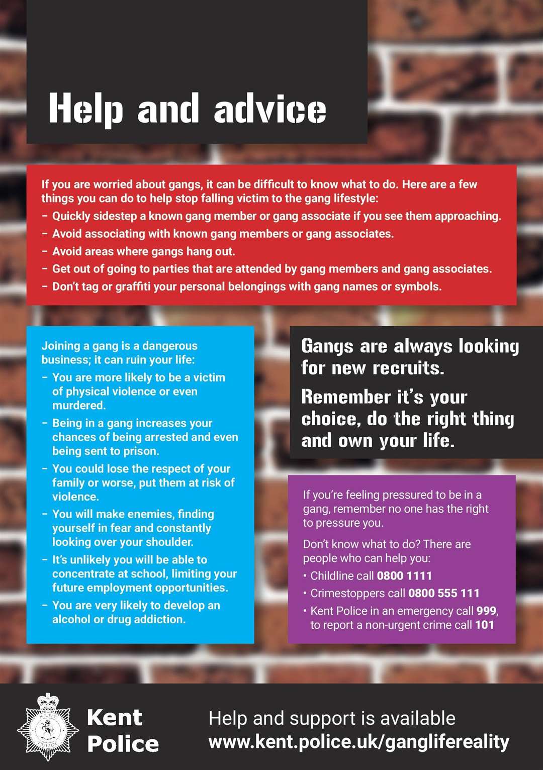 Gang advice leaflet created by Kent Police